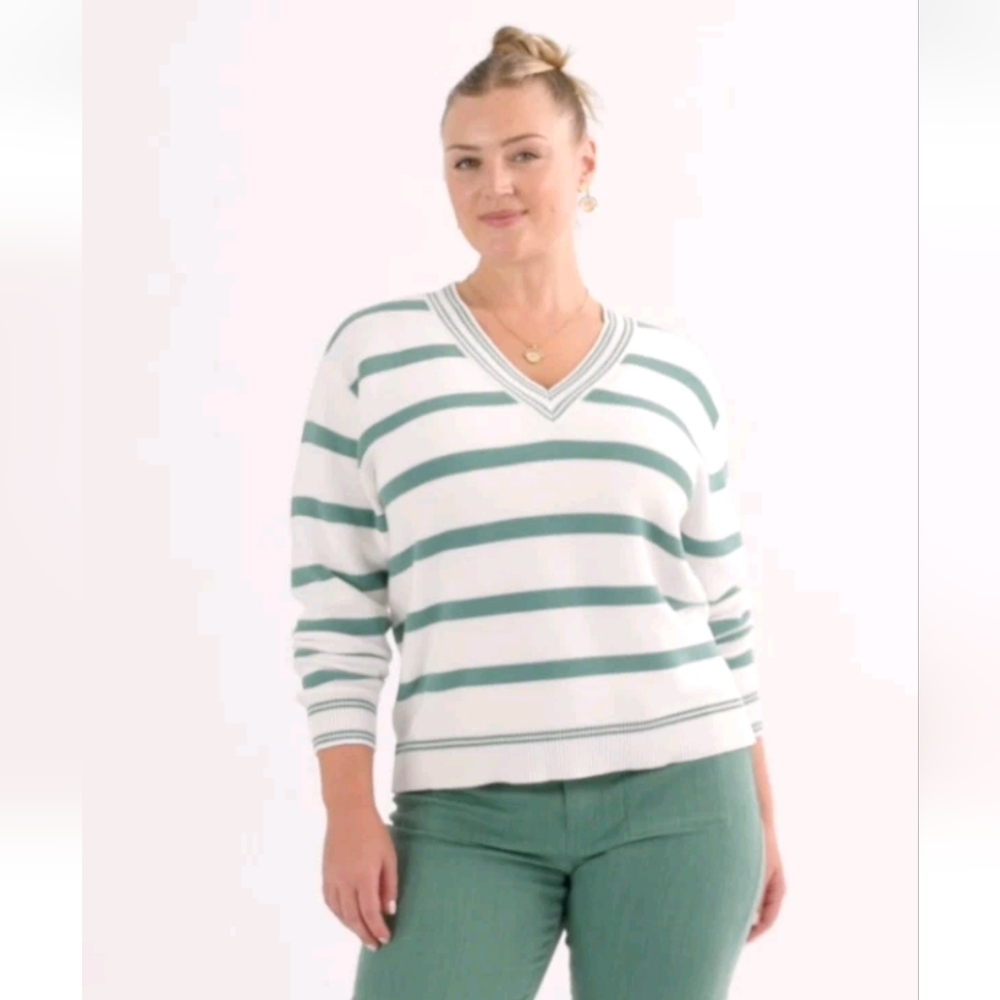 Cabi 6656 Arena V Neck Pullover Beau Stripe Green White M Medium New Nwt